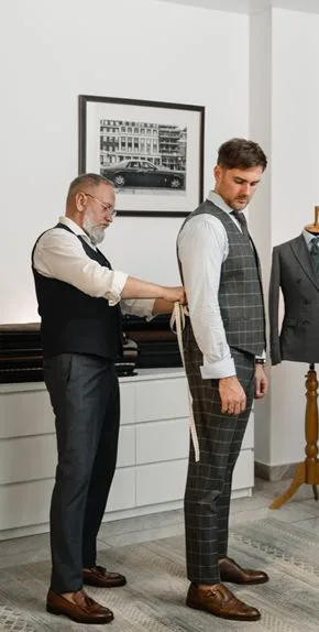 Tailor measuring client for custom suit fitting in tailoring studio