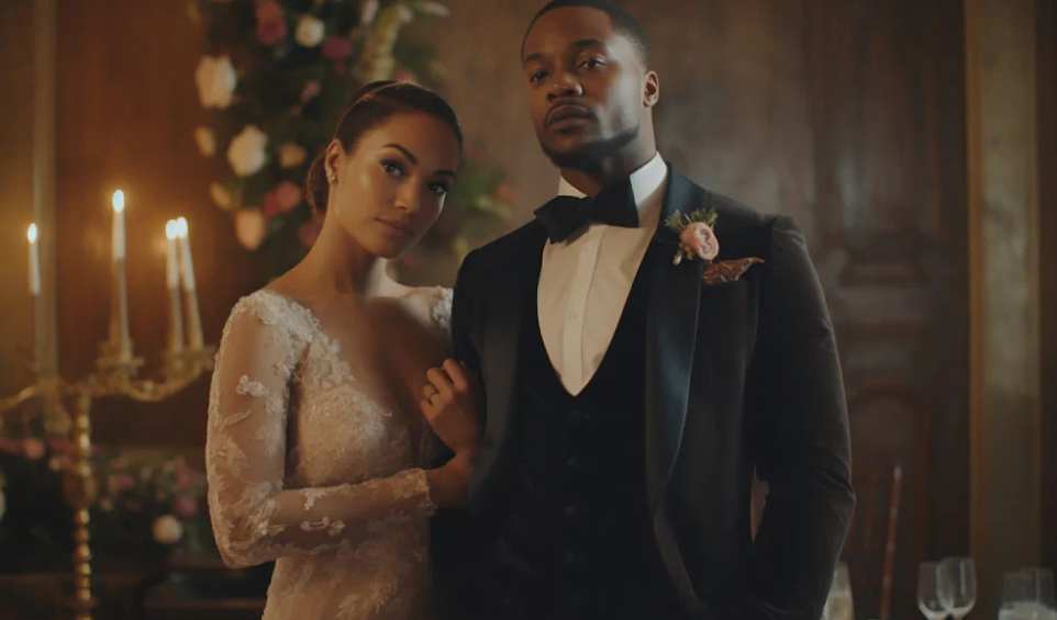 Elegant Wedding Couple Posing in Formal Attire