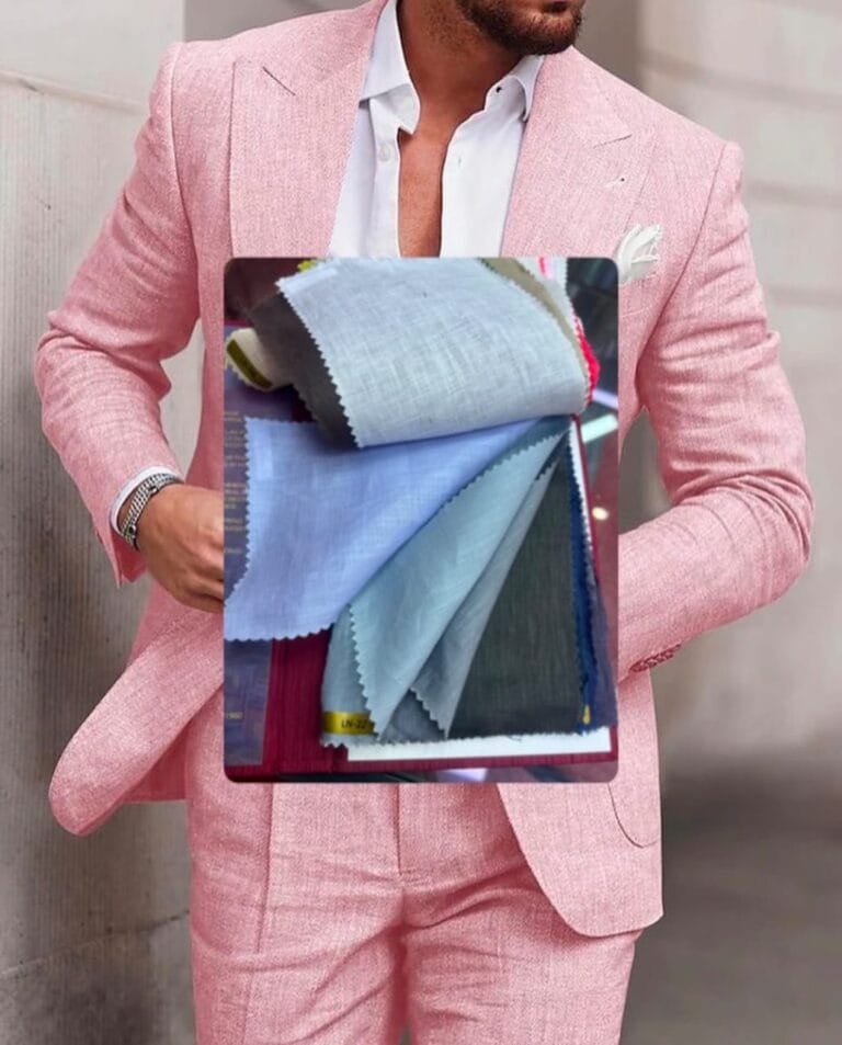 A sophisticated pink linen suit paired with a selection of premium fabric swatches, highlighting bespoke tailoring and luxury fashion for a refined look. shows Where to buy cheap suits in Dubai