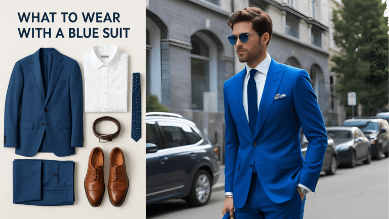 A man wearing a stylish blue suit paired with a white shirt and brown leather shoes, showcasing what goes well with blue suit.