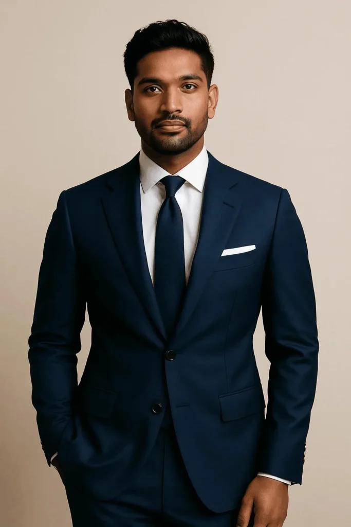 A well-dressed man with brown skin wearing a navy blue tailored suit, exemplifying one of the best suit colors for brown skin in a formal style setting.