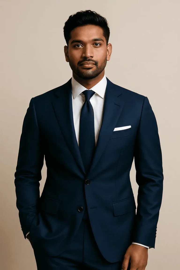 A well-dressed man with brown skin wearing a navy blue tailored suit, exemplifying one of the best suit colors for brown skin in a formal style setting.