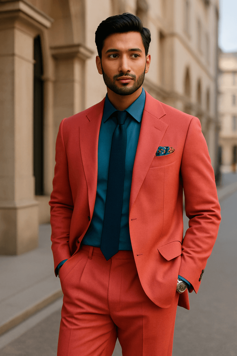 A fashion-forward man wearing a navy blue relaxed-fit blazer with light grey trousers, showcasing Men's Suit Trends 2025