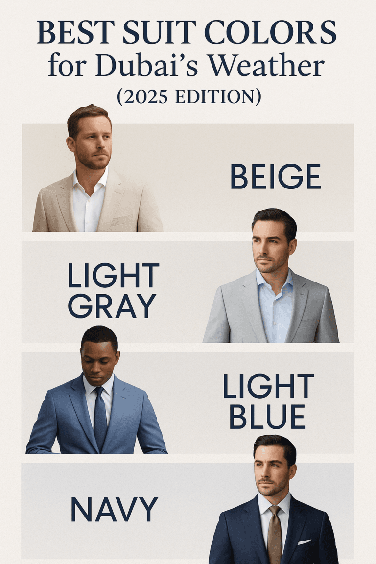 Four men in different colored suits—beige, light gray, light blue, and navy—designed to guide viewers on how to pick a suit color suitable for Dubai’s weather.
