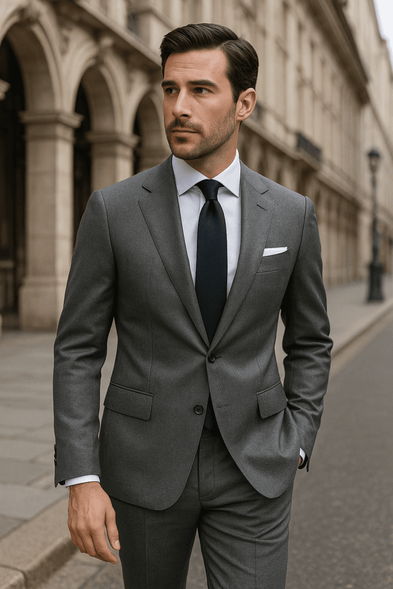 A man wearing a grey tailored suit with a white shirt and dark tie, showing exactly what goes with a grey suit in a modern and elegant business setting.