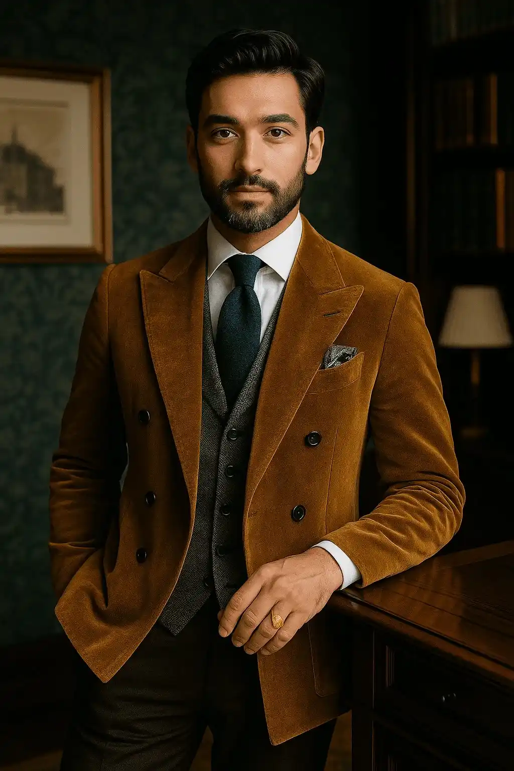 A man wearing a mustard velvet blazer, representing the rise of maximalist menswear through bold textures and luxurious styling in 2025.