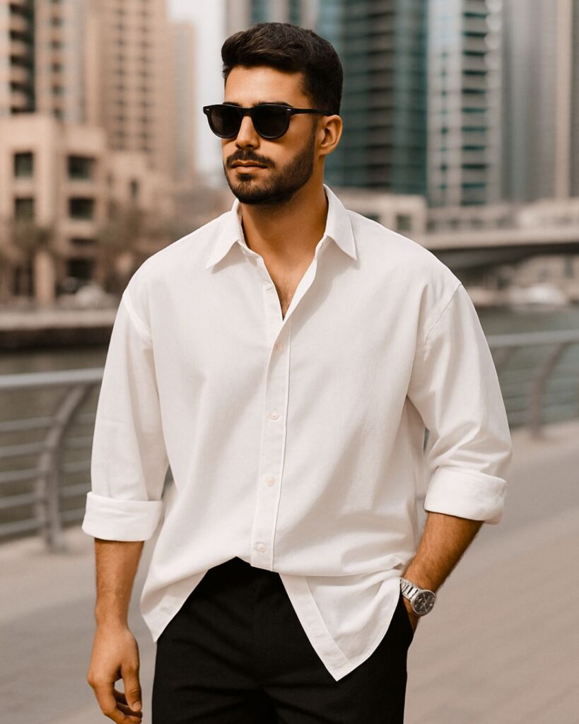 Man showcasing how to style oversized shirt with confidence in Dubai