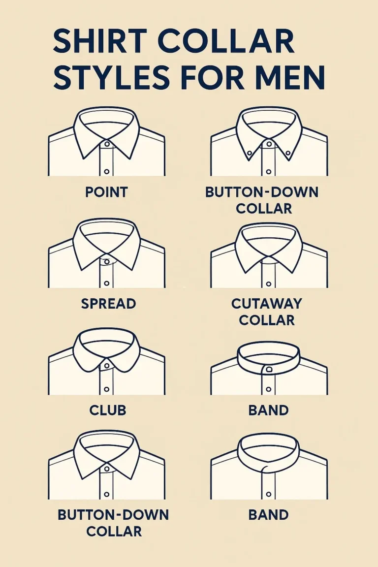 Infographic showcasing popular shirt collar styles for men including point, spread, button-down, club, and band collars
