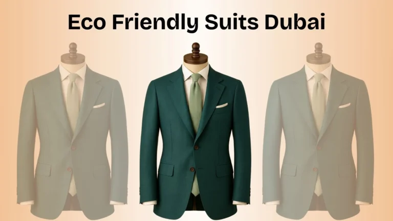 Elegant dark teal eco friendly suits Dubai displayed on a mannequin, showcasing sustainable tailoring.