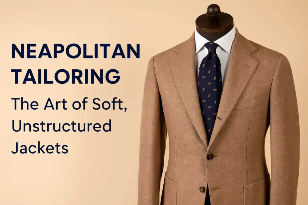 Neapolitan tailoring soft jackets displayed on a mannequin, showcasing unstructured Italian style.
