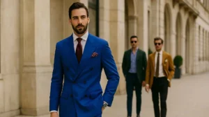A fashionable man in a bold emerald green suit showcasing bold color suit trends men love.