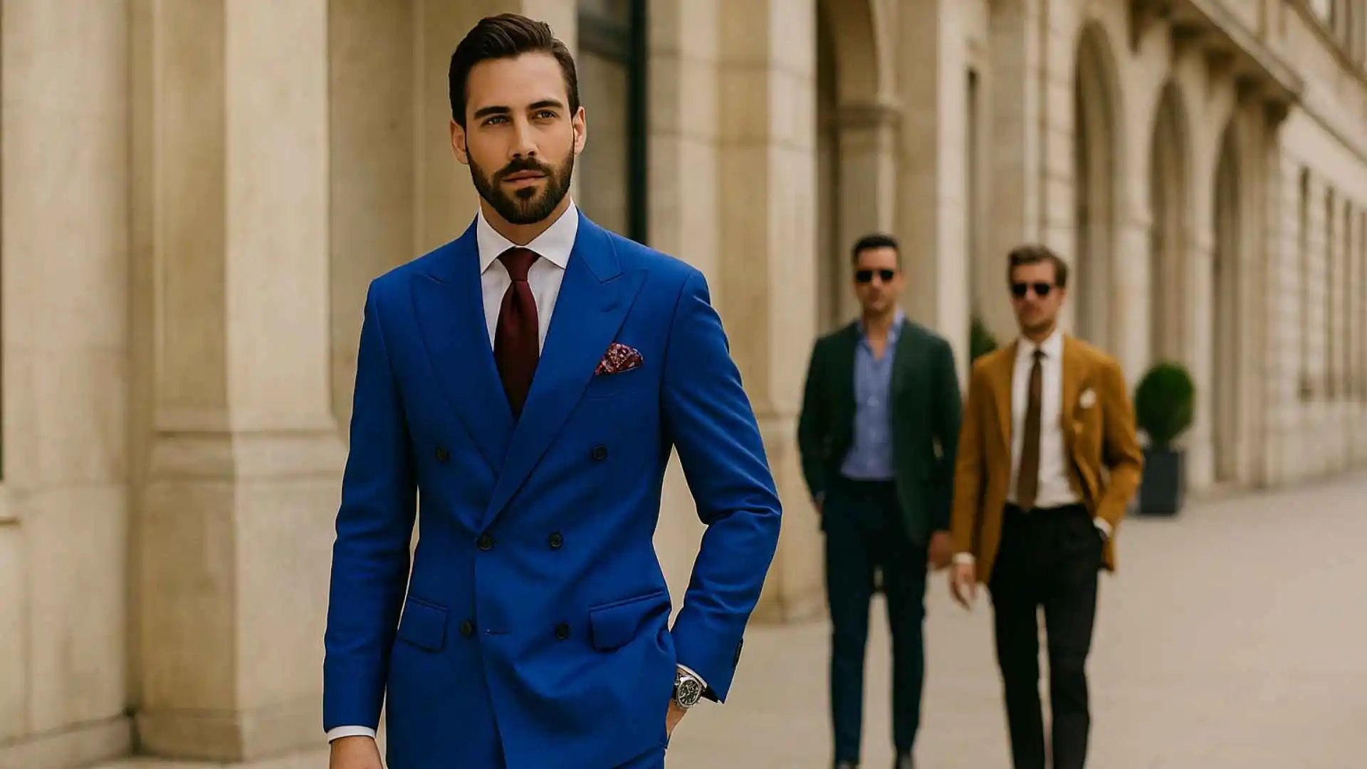 A fashionable man in a bold emerald green suit showcasing bold color suit trends men love.