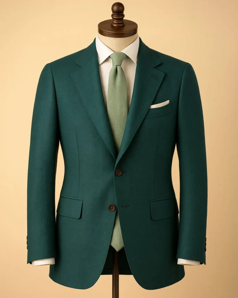 Elegant dark teal eco friendly suits Dubai displayed on a mannequin, showcasing sustainable tailoring.