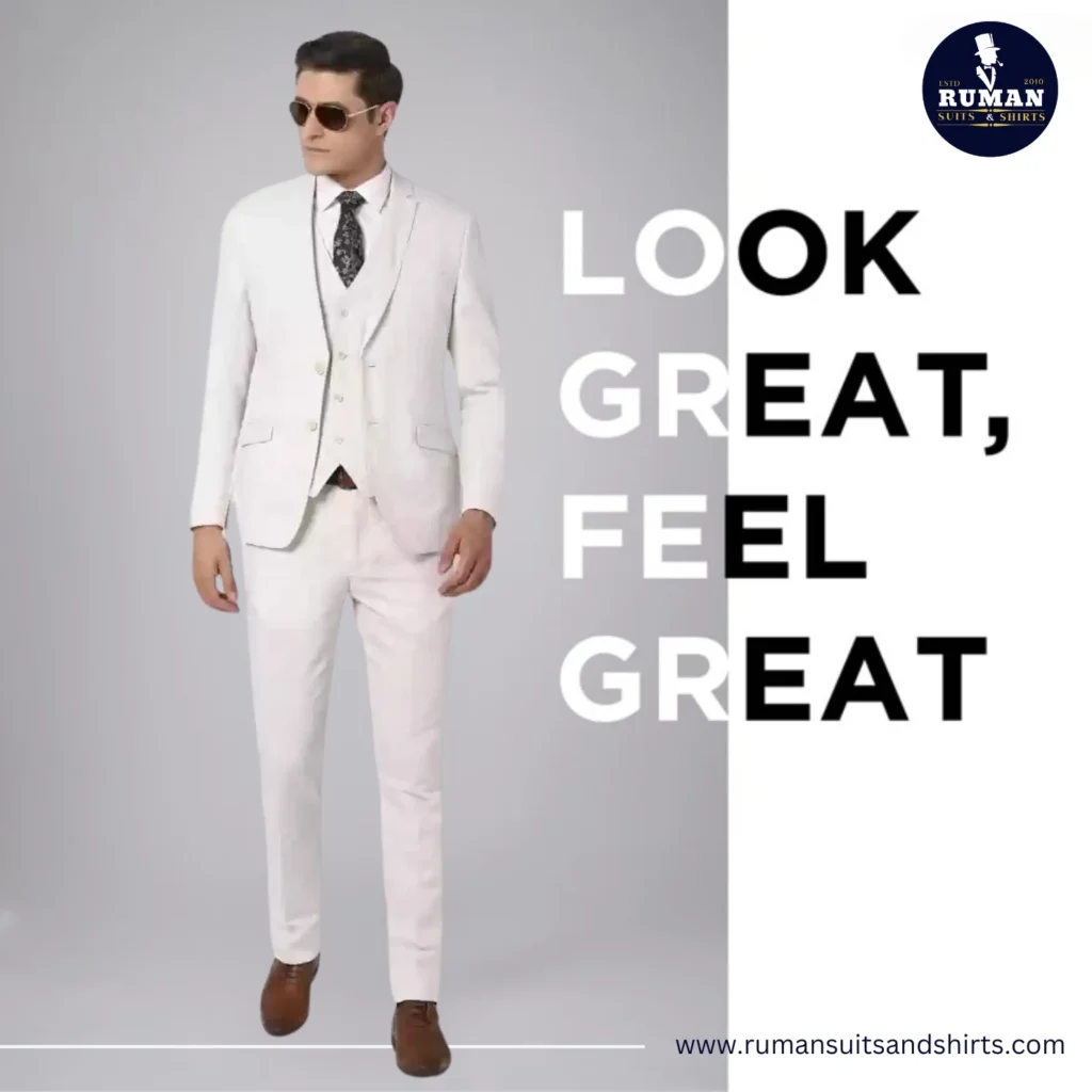 Man wearing a white three-piece suit with sunglasses – suit styles every gentleman should own