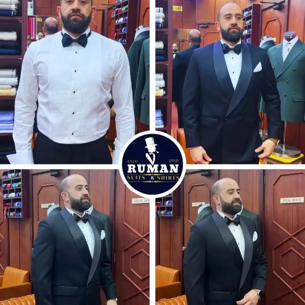 Man showcasing day-to-night styling, demonstrating how to transition your suit with confidence and elegance by Ruman Suits & Shirts.