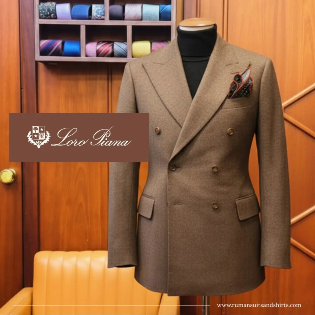 A perfectly tailored brown double-breasted suit at Ruman Suits & Shirts Dubai, showcasing the essence of why fit matters more than fashion in men.
