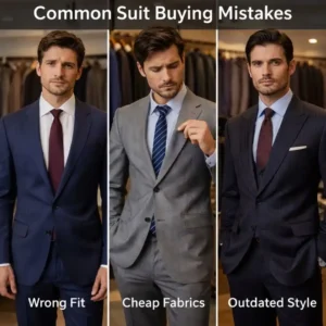 Visual showing common suit buying mistakes with different suit fits and styles in a menswear store