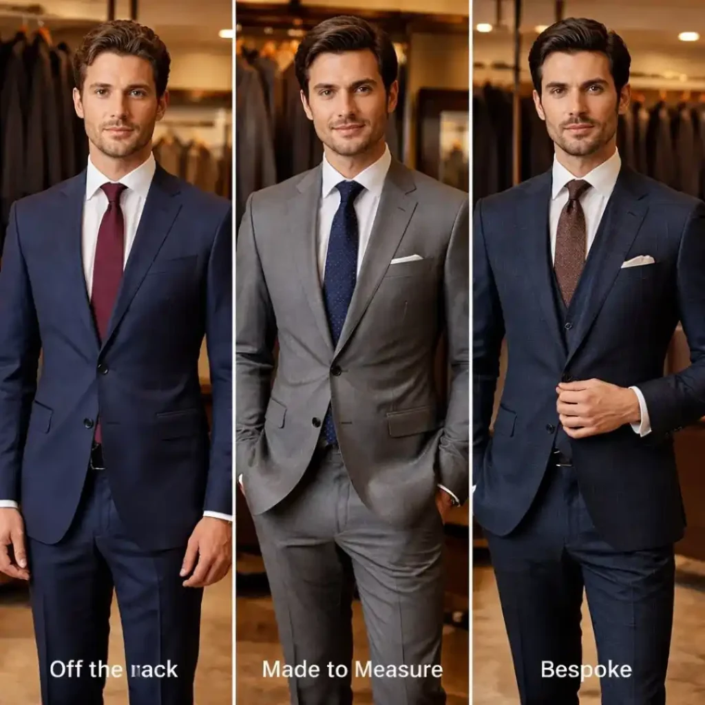 Off the rack vs bespoke vs made to measure suits comparison showing three men wearing different tailored suit styles in a modern tailoring showroom