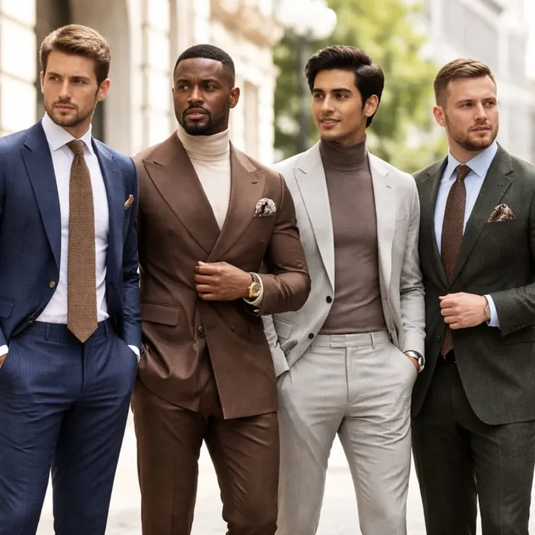 Men wearing different silhouettes showing best suit styles for different body types including slim fit, classic fit, and structured tailoring.