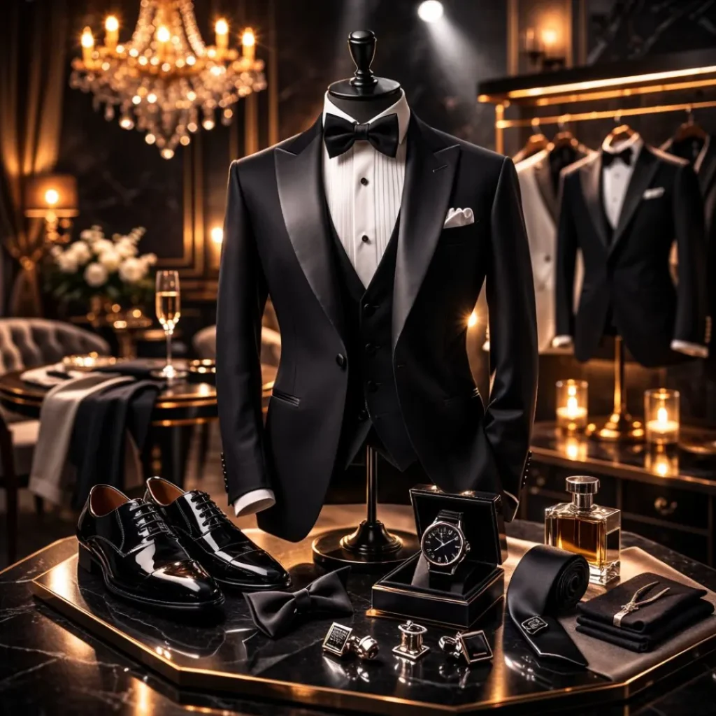 Elegant black tuxedo display in luxury boutique for Guide to Choosing the Perfect Tuxedo.