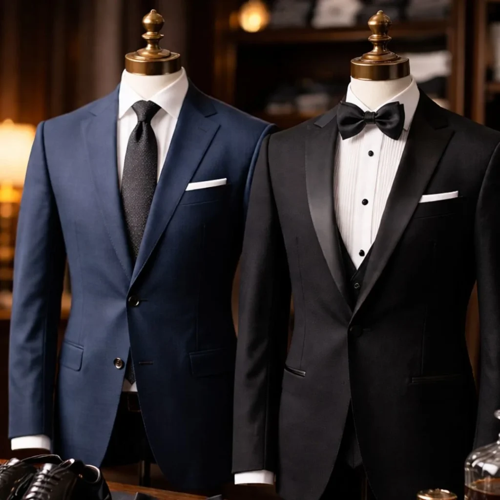 Navy business suit and black tuxedo displayed side by side showing the Difference between Suit vs Tuxedo.