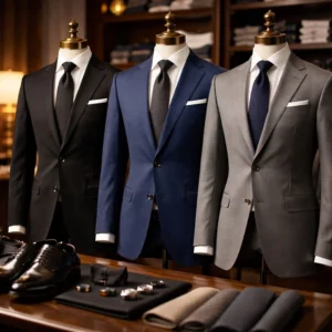Black, navy, and grey suits displayed side by side representing Which Suit Color Should You Choose for formal and business occasions.