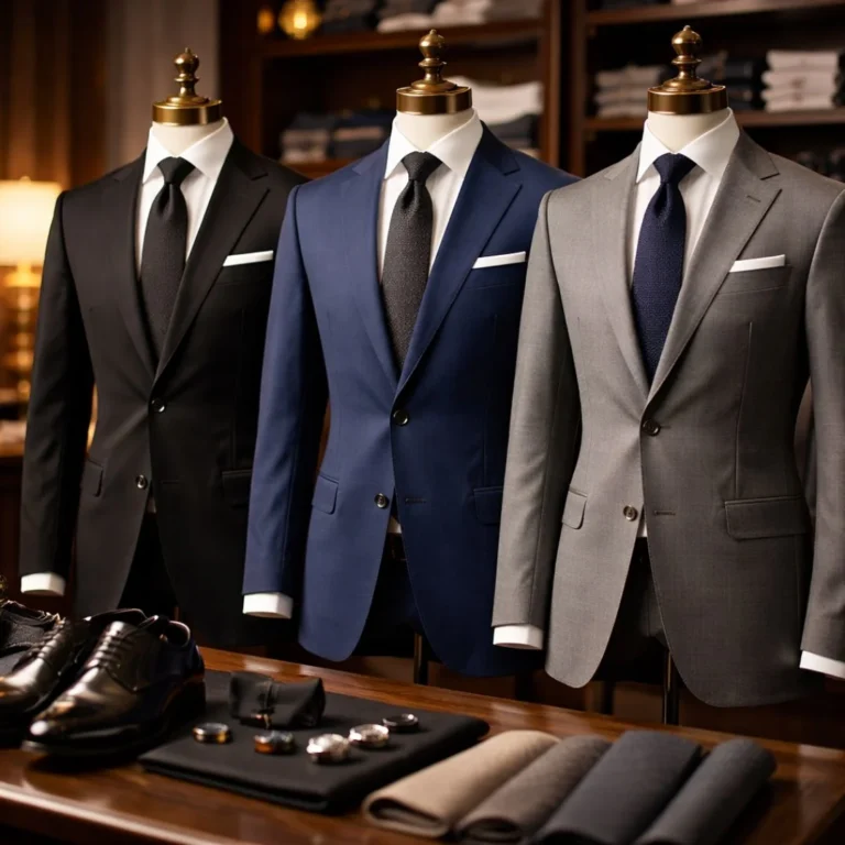 Black, navy, and grey suits displayed side by side representing Which Suit Color Should You Choose for formal and business occasions.