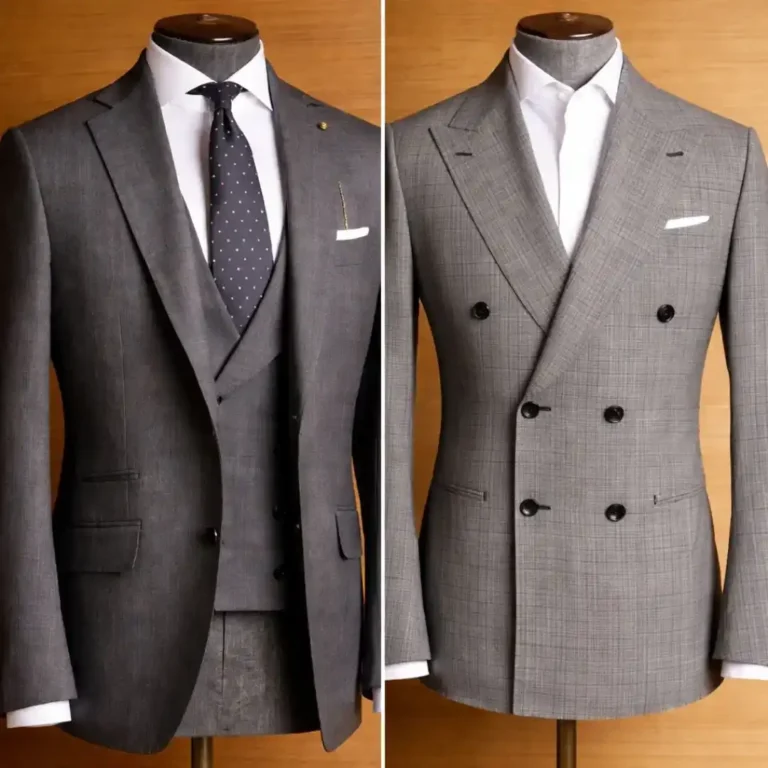 Side-by-side comparison of a tailored three-piece suit and a double-breasted two-piece suit highlighting Three-Piece Suit vs a Two-Piece Suit style differences.