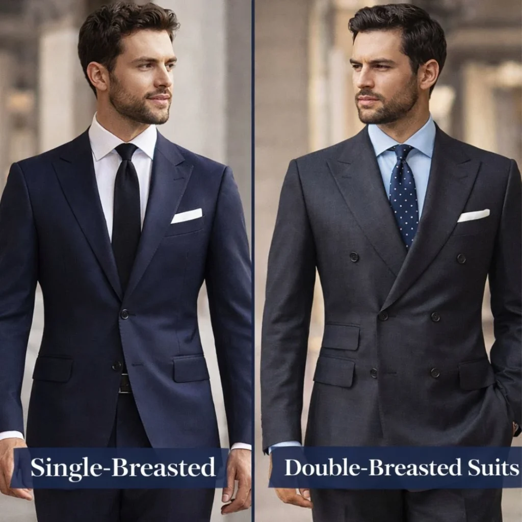 Two men wearing tailored outfits showcasing single-breasted vs double-breasted suits for style comparison.