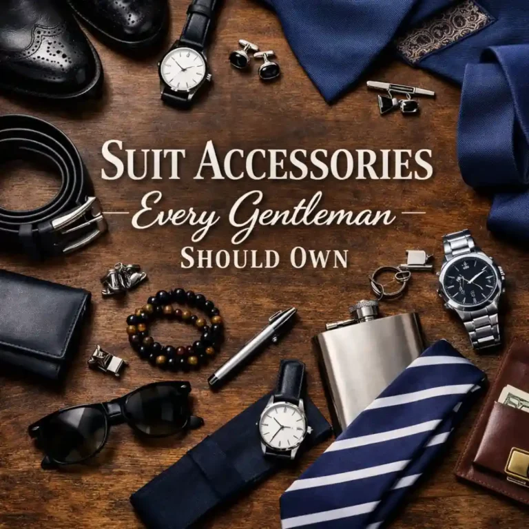 A flat lay of classic men’s suit accessories including leather shoes, wristwatch, tie, cufflinks, sunglasses, wallet, and belt arranged on a wooden background with the text “Suit Accessories Every Gentleman Should Own”.