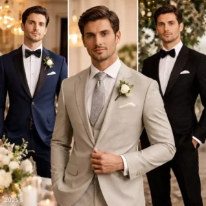 Groom wearing a modern wedding suit representing wedding suit trends Dubai 2025 with elegant tailored style