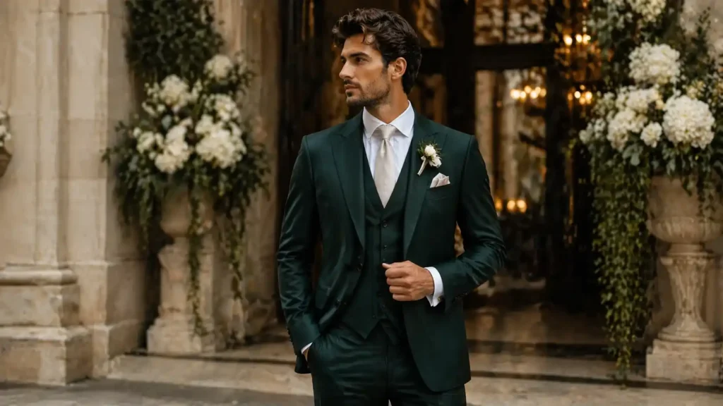 A groom in a perfectly tailored wedding suit showcasing how to stand out in your wedding suits, with personalized details and impeccable fit.