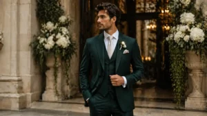 A groom in a perfectly tailored wedding suit showcasing how to stand out in your wedding suits, with personalized details and impeccable fit.
