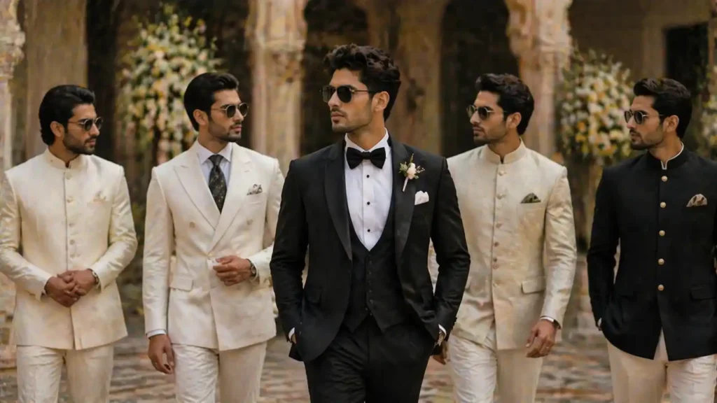 A stylish and elegant groom wearing perfect wedding suits for the modern groom, tailored to perfection for a sophisticated and confident look.