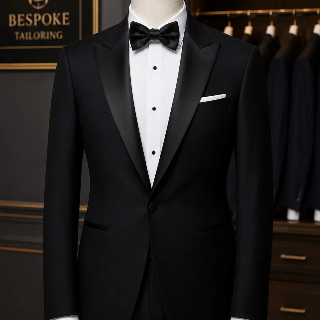 A sophisticated black tuxedo displayed in a studio, showcasing expert tailoring and sharp design, representing the Expert Guide to Tuxedo Tailoring Dubai.