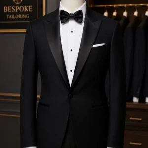 A sophisticated black tuxedo displayed in a studio, showcasing expert tailoring and sharp design, representing the Expert Guide to Tuxedo Tailoring Dubai.