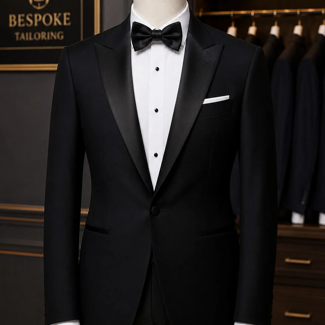 A sophisticated black tuxedo displayed in a studio, showcasing expert tailoring and sharp design, representing the Expert Guide to Tuxedo Tailoring Dubai.