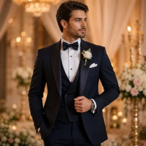 Groom wearing a perfectly tailored suit, showcasing why every groom needs a custom wedding suit for elegance and perfect fit.