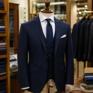 10 Signs Your Suit Needs Tailoring shown with a professionally fitted navy bespoke suit in a tailoring shop, highlighting precise fit and craftsmanship.