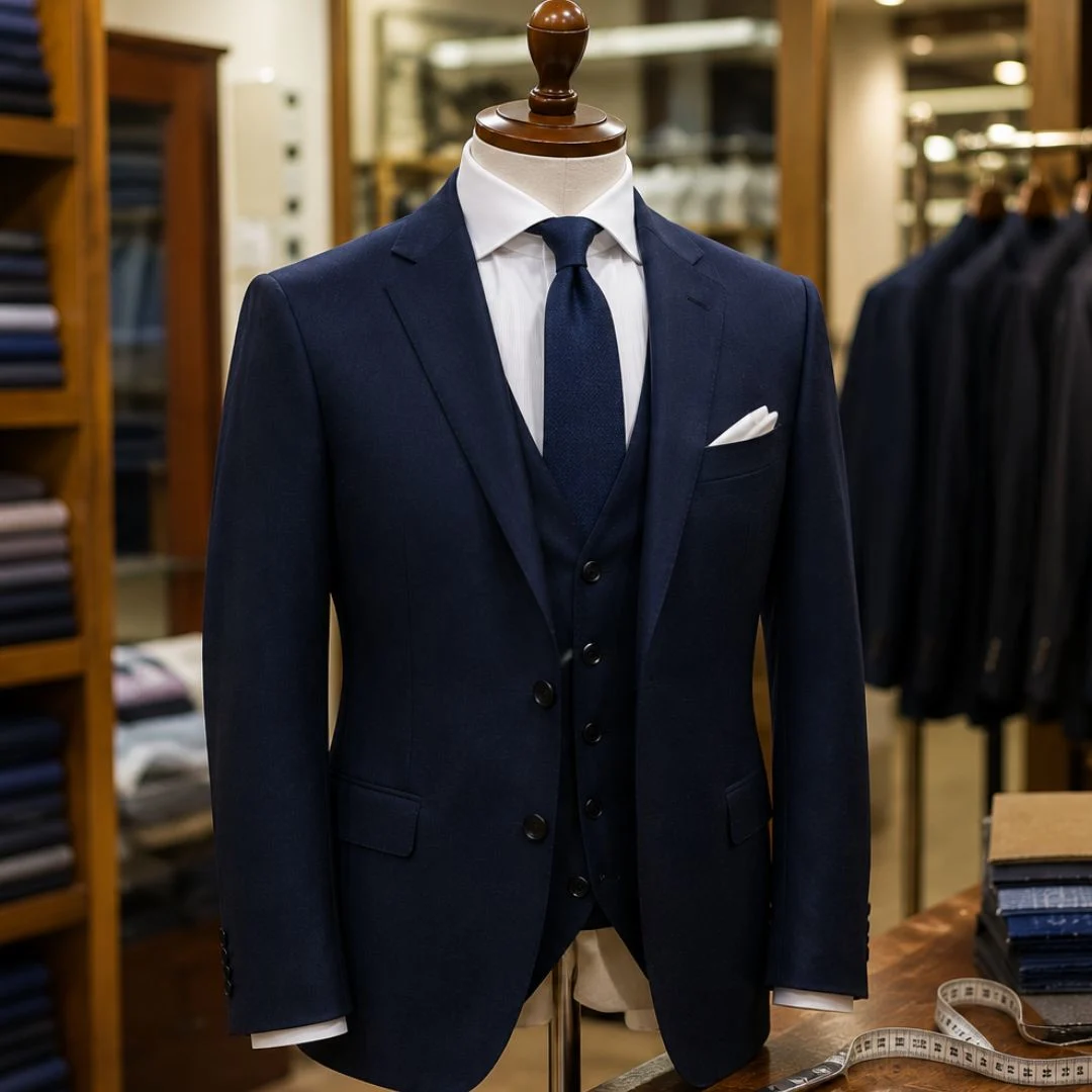 10 Signs Your Suit Needs Tailoring shown with a professionally fitted navy bespoke suit in a tailoring shop, highlighting precise fit and craftsmanship.