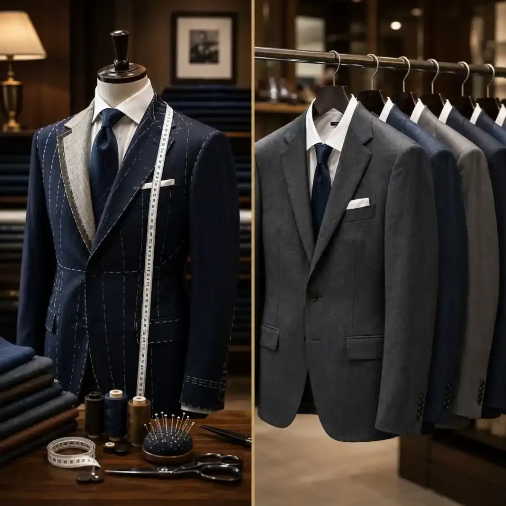 Bespoke vs Ready Made Suit Which Is Better shown through a side-by-side view of a handcrafted bespoke suit and finished ready-made suits in a luxury tailoring shop.