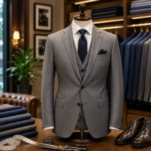 Mistakes Men Make and How Tailors Fix Them shown through a professionally tailored grey suit with precise fitting, balanced proportions, and expert craftsmanship.
