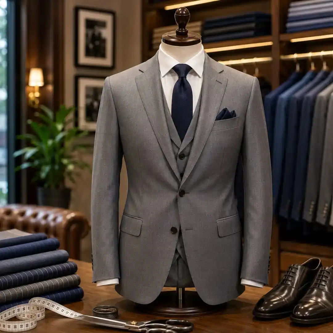 Mistakes Men Make and How Tailors Fix Them shown through a professionally tailored grey suit with precise fitting, balanced proportions, and expert craftsmanship.