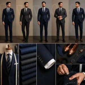 Should a Man Wear According to His Body illustrated with perfectly tailored bespoke suits designed for different male body types, showcasing expert fit, premium craftsmanship, and timeless style.