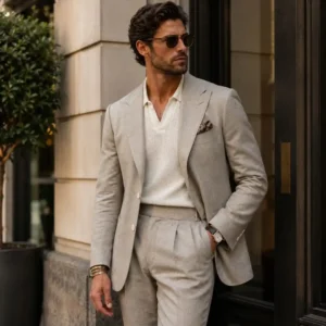 Professional man wearing a custom-tailored beige suit, highlighting the top reasons Dubai professionals choose bespoke suits for superior fit, comfort, and sophisticated style.