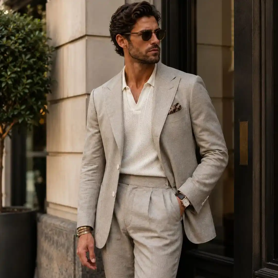 Professional man wearing a custom-tailored beige suit, highlighting the top reasons Dubai professionals choose bespoke suits for superior fit, comfort, and sophisticated style.