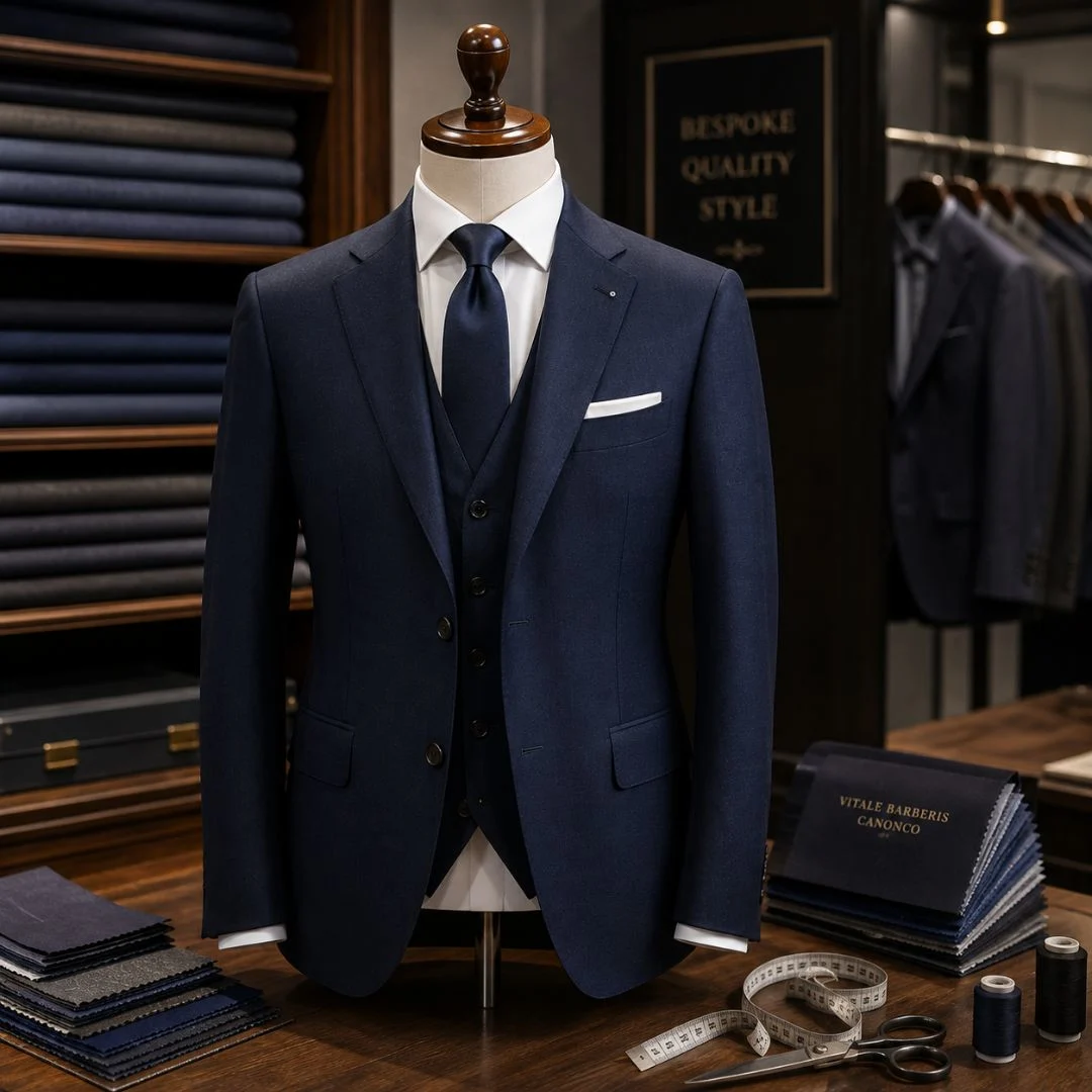 Why Bur Dubai Is Famous for Mens Tailoring showcased through a premium bespoke navy suit crafted with expert tailoring, luxury fabrics, and a flawless custom fit.