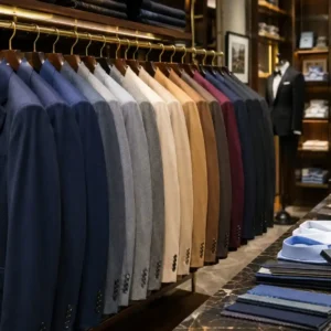 Luxury men's suits in navy, grey, beige, and black displayed in a premium tailoring boutique showing What Suit Color Makes Men Look Expensive with elegant fabric choices.