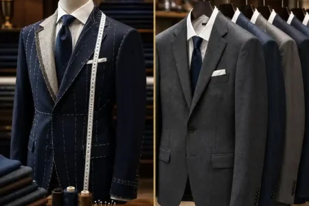 Bespoke vs Ready Made Suit Which Is Better shown through a side-by-side view of a handcrafted bespoke suit and finished ready-made suits in a luxury tailoring shop.