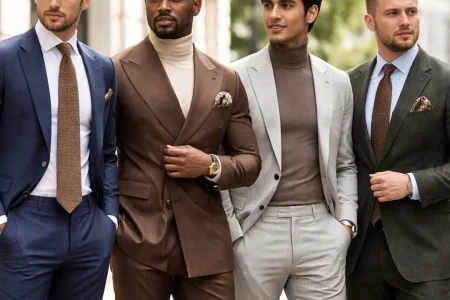 Men wearing different silhouettes showing best suit styles for different body types including slim fit, classic fit, and structured tailoring.